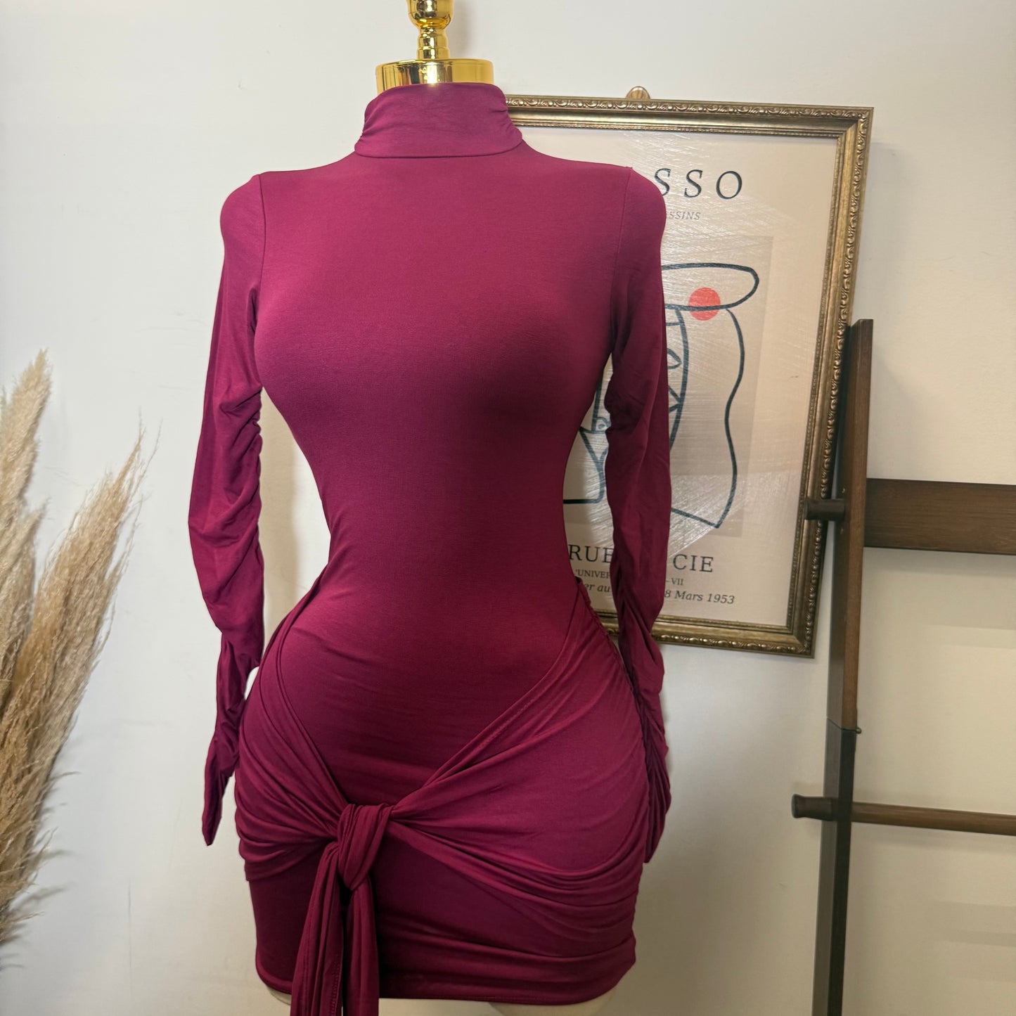 Long Sleeve Front Tie Mini Dress-Burgundy