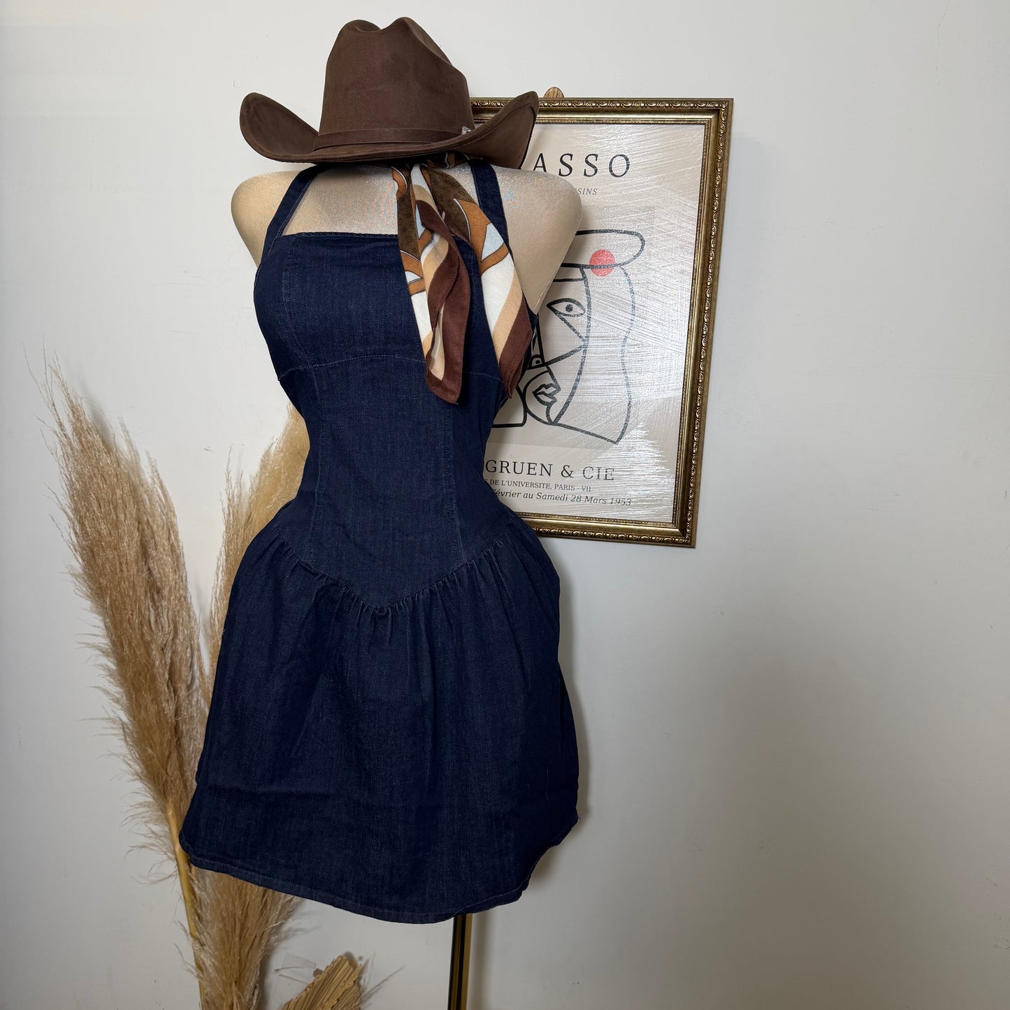 Halter Denim Flare Dress-Indigo