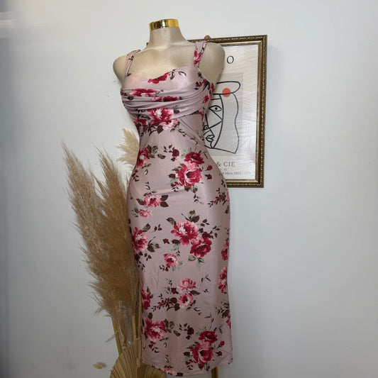 Satin Flower Print  Midi Open back Dress-Taupe