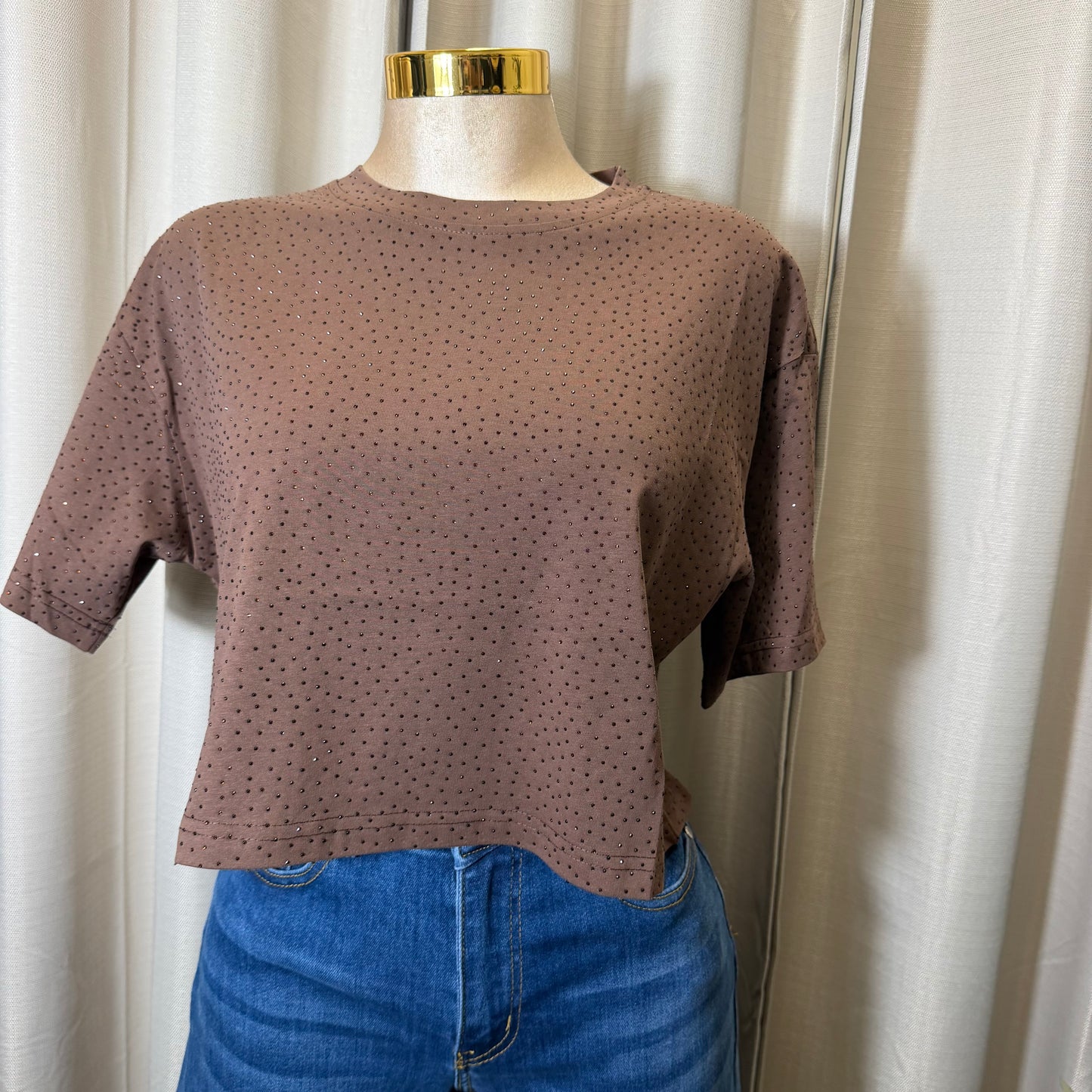 Rhinestone Crop Top-Brown