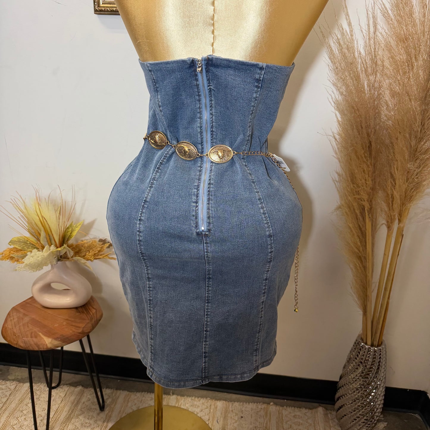 Denim Strapless Denim Dress PL-Blue