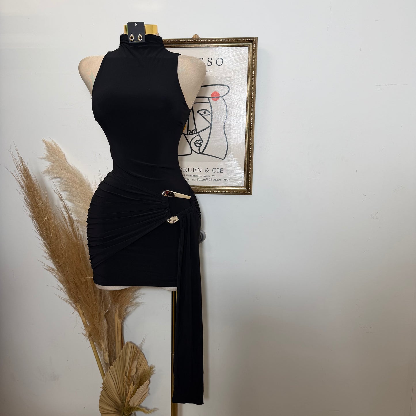 Mock Neck Front Sash With Trim Detail Mini Dress-Black (Copy)