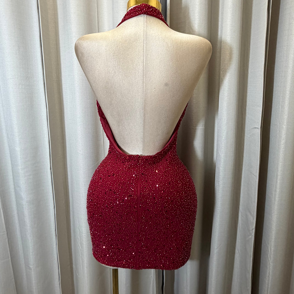 Halter sequins Beads Mini Dress-Burgundy/Red