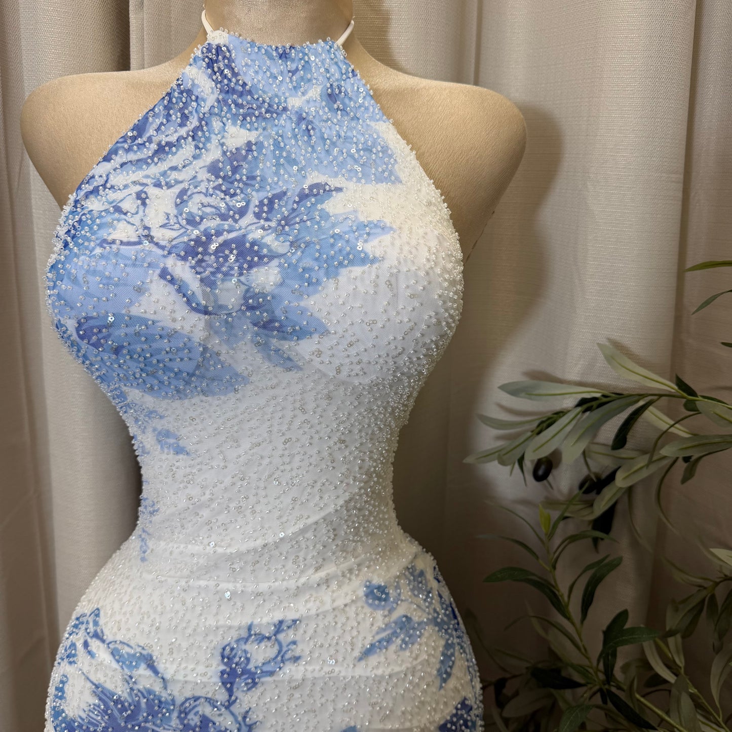 Halter Neck Open back Midi Dress-Blue/white