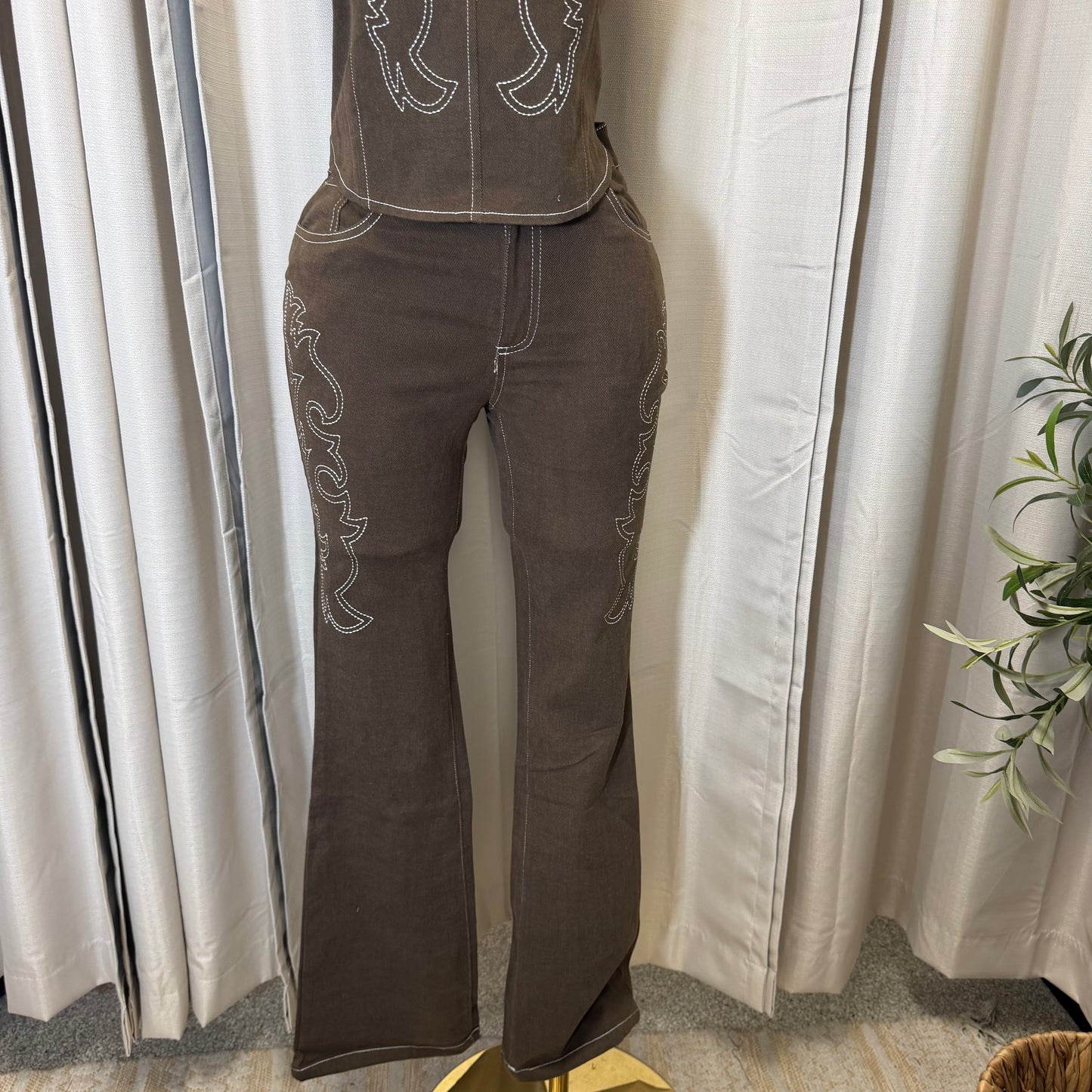 Embroidery Vest and Pant Set-Brown
