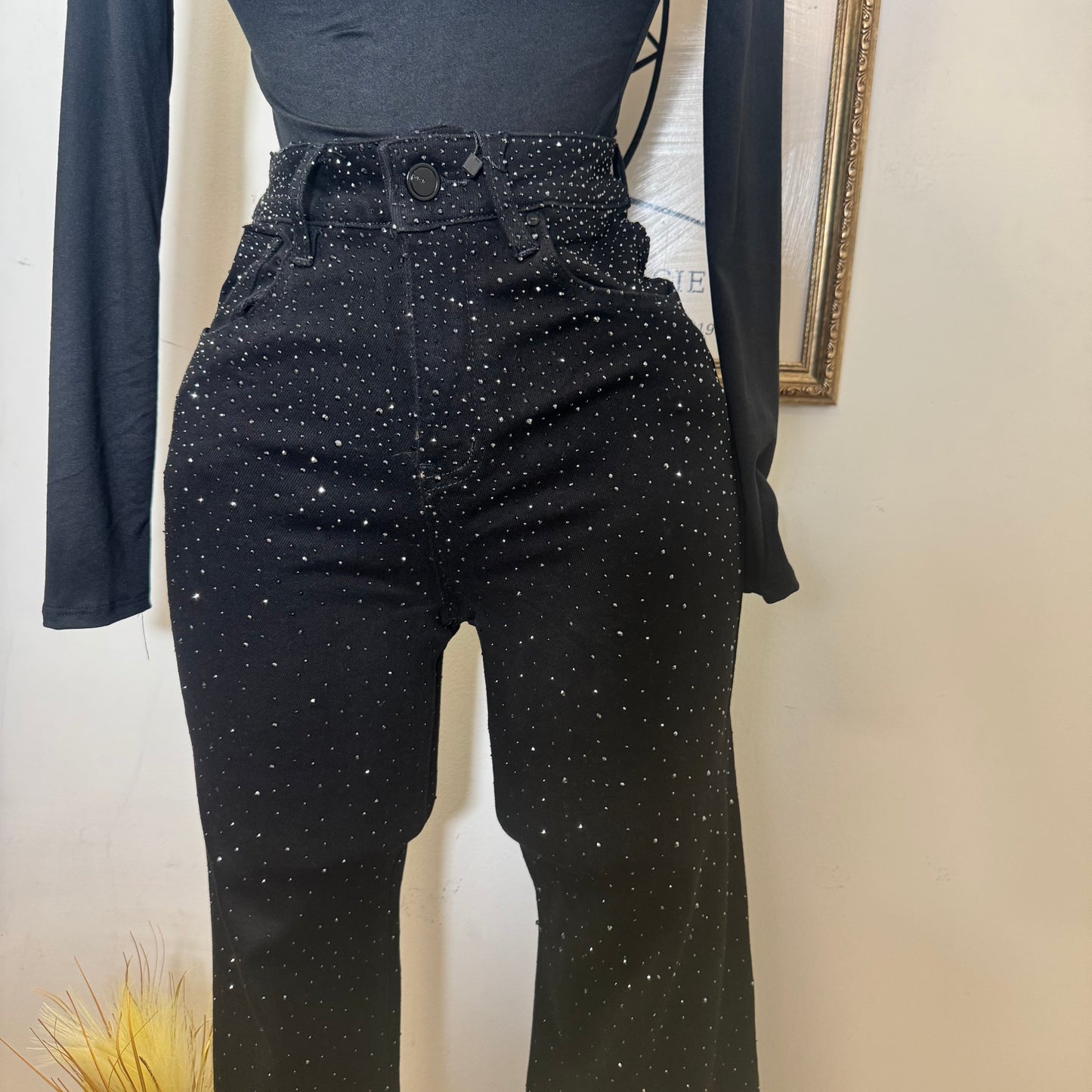 Nye Rhinestone Flare Pants-Black