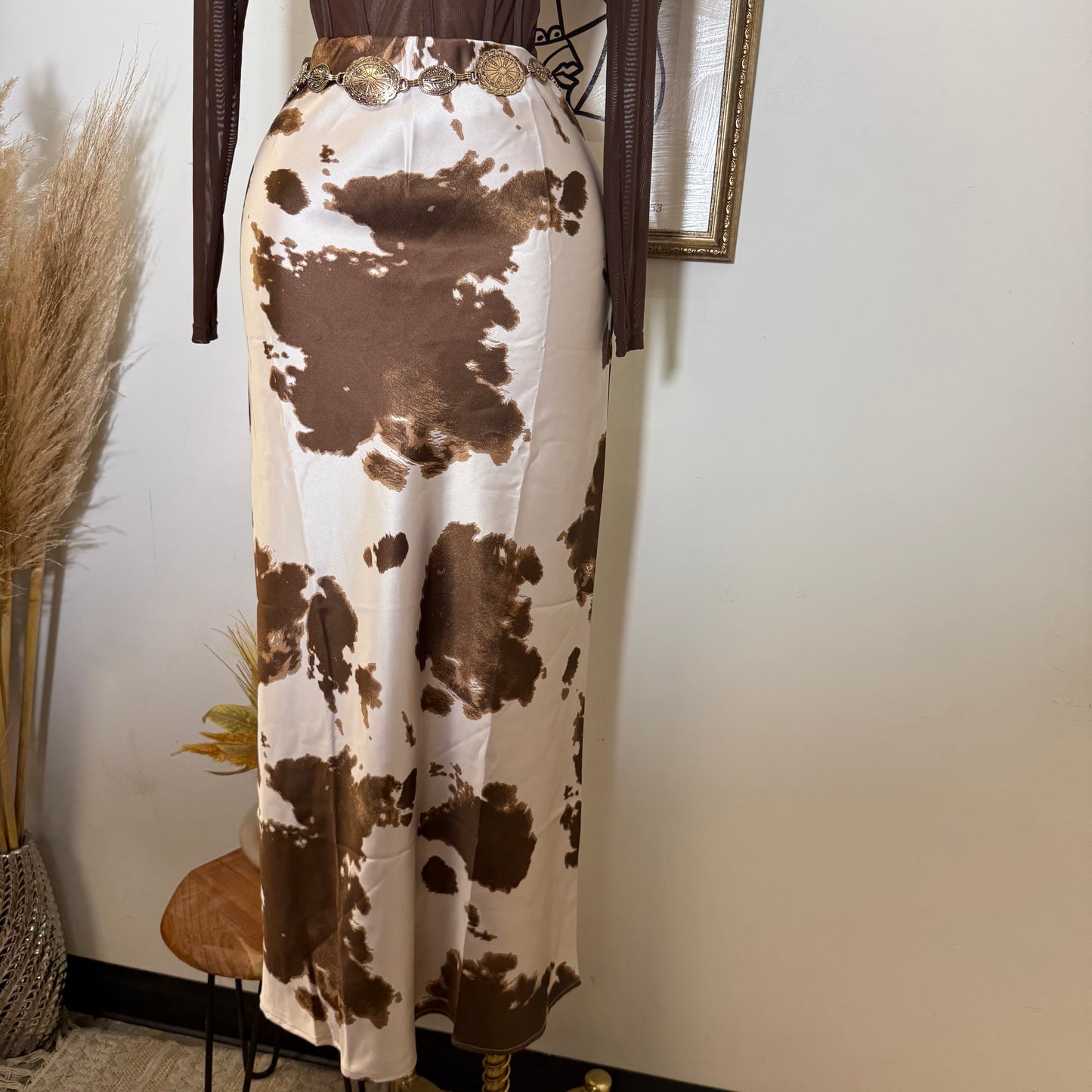 Cow Print Satin Maxi Skirt-brown