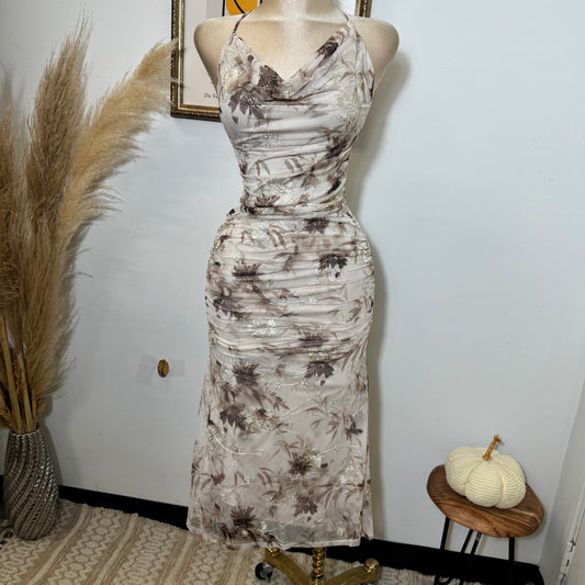Deep Plunge Halter  Neck a-Line Midi Dress-Brown