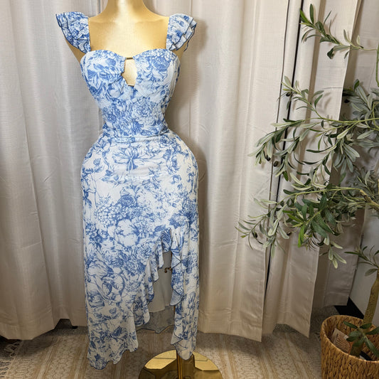 PL-Floral Print Ruffle Sleeve Mesh Maxi Dress-white/ blue