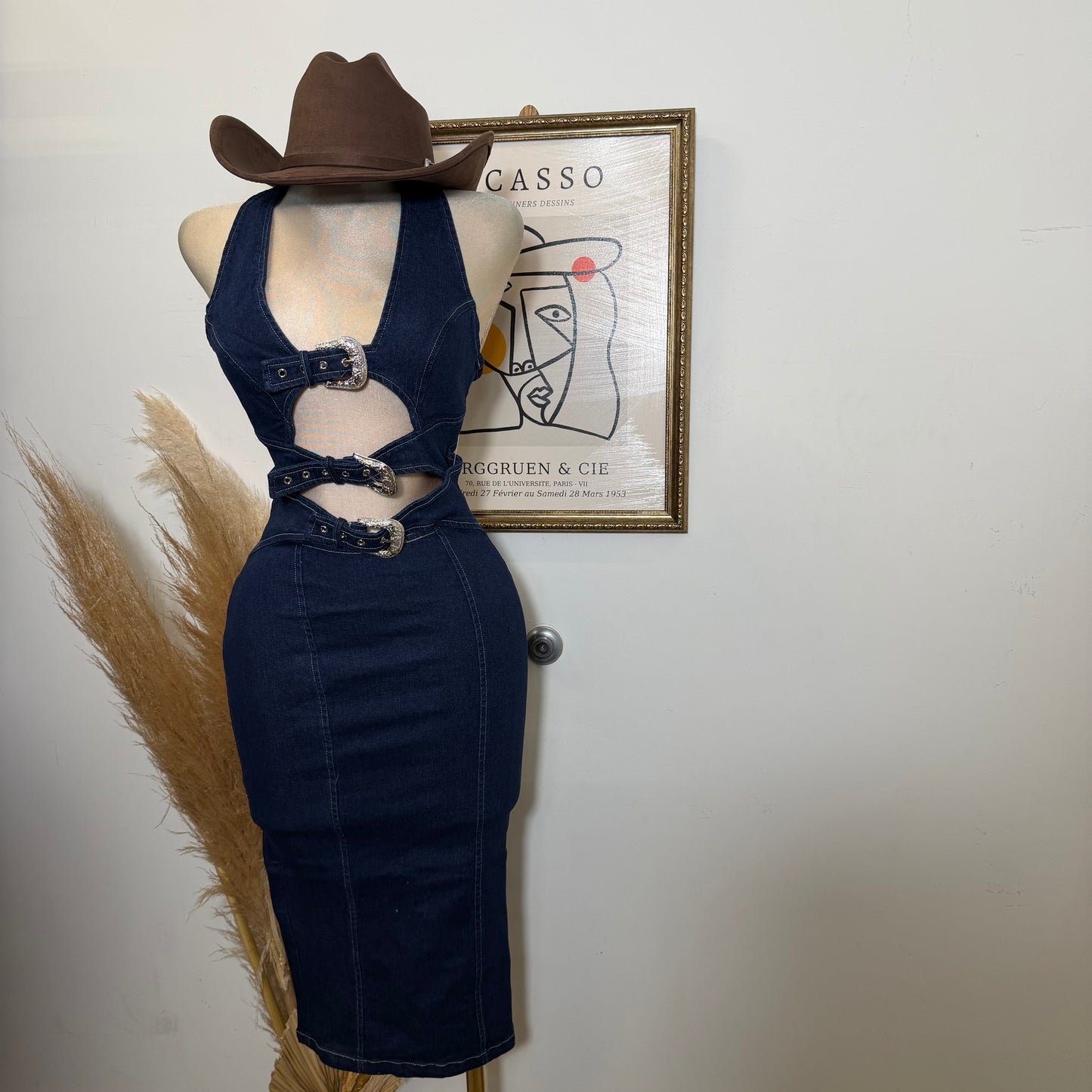 Buckle Detail Midi Dress-Navy