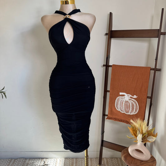 Halter Neck Trim Inset Ruched Bodycon Midi Dress-Black