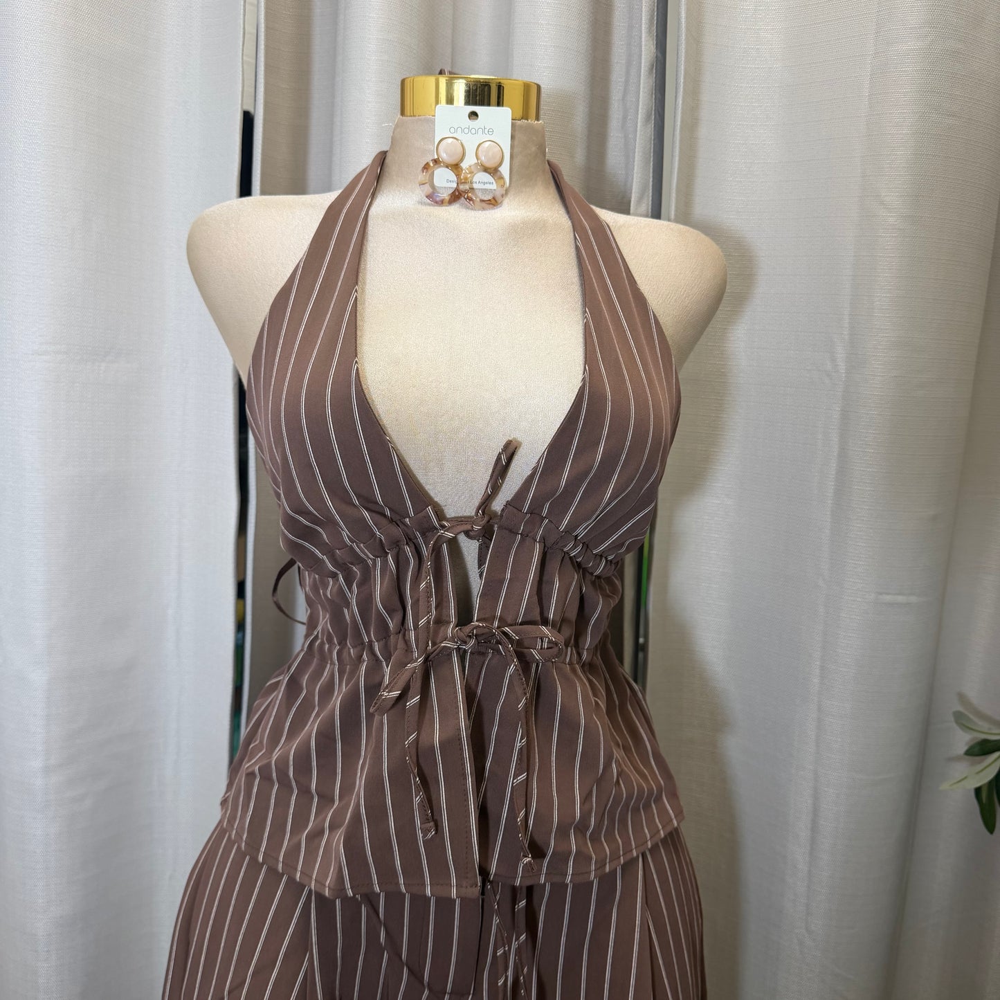 Stripe spaghetti Tie open back Halter Top and pant set