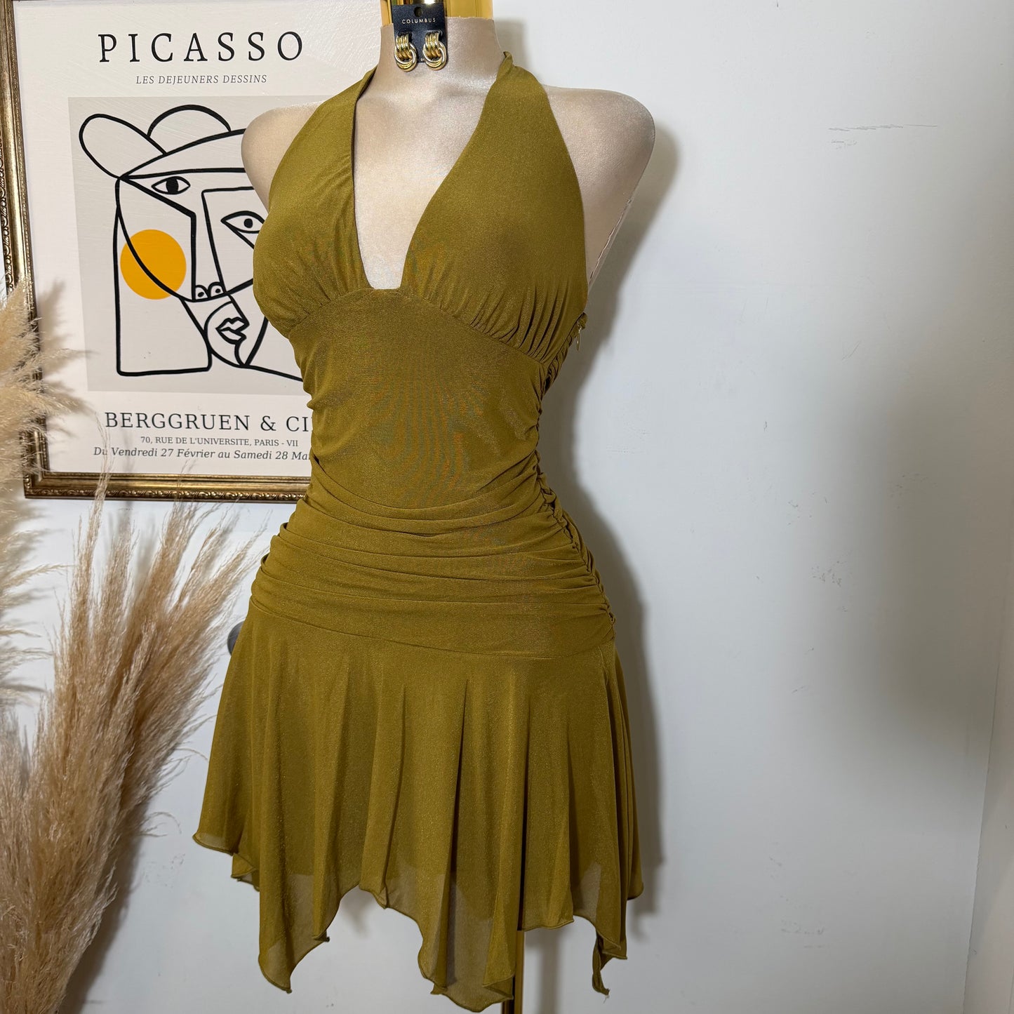 Halter Neck Ruched Waist Asymmetrical Hem Mini Dress-Marigold