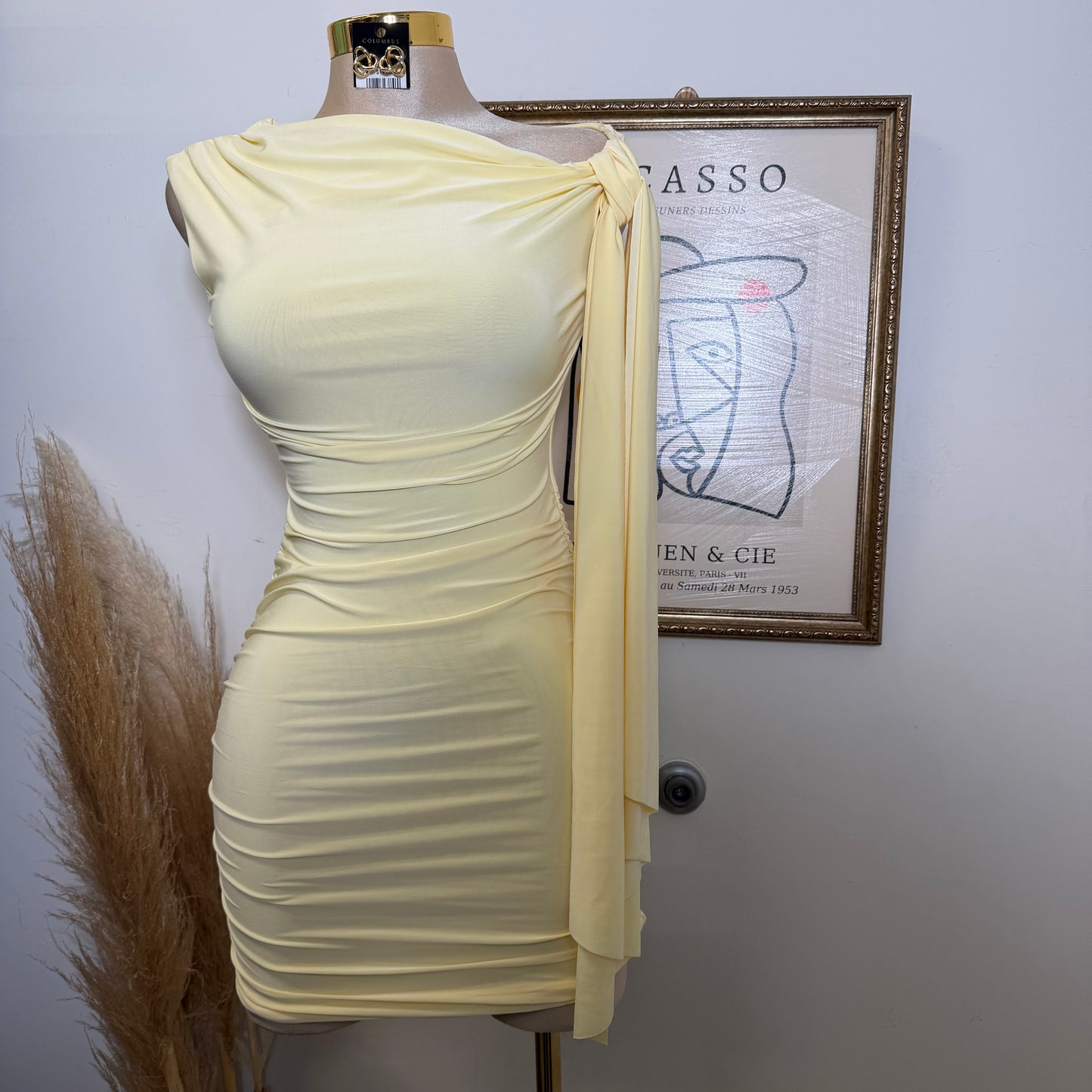 Off Shoulder Ruched Side Tie Mini Dress-LT Yellow