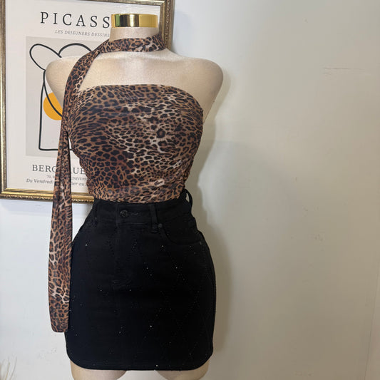 Leopard Mesh Print Tube w/ Tie Around neck Lining-Leopard