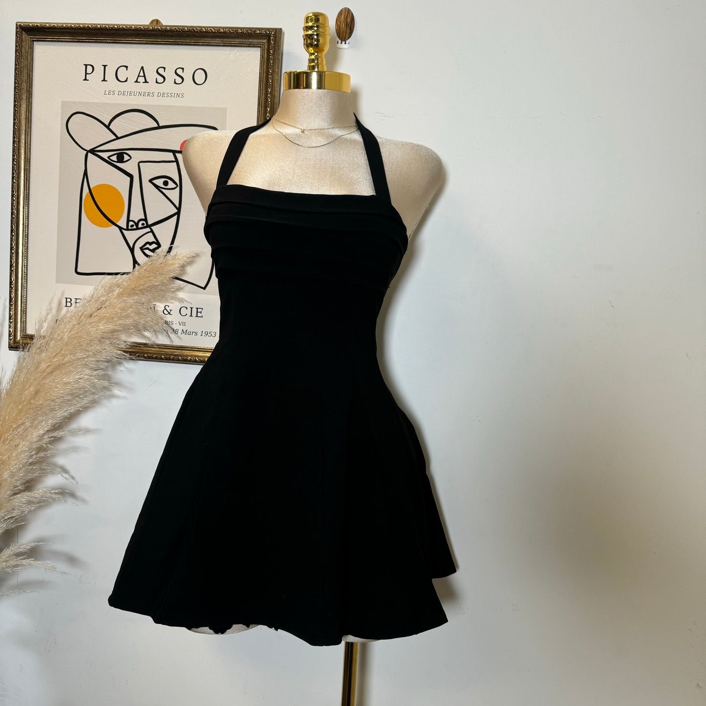 Halter Square Neck Lace Trim Open Flare dress-Black