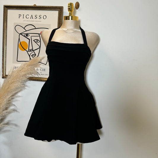 Halter Square Neck Lace Trim Open Flare dress-Black