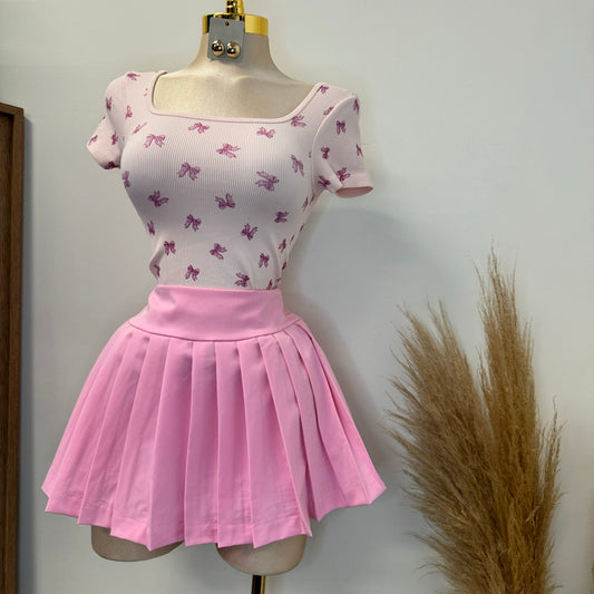 Pleated Elastic Waistband Skort-Pink