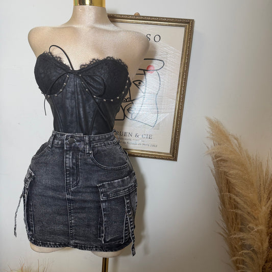 Suede Tube Top Tie Back Detail -Black