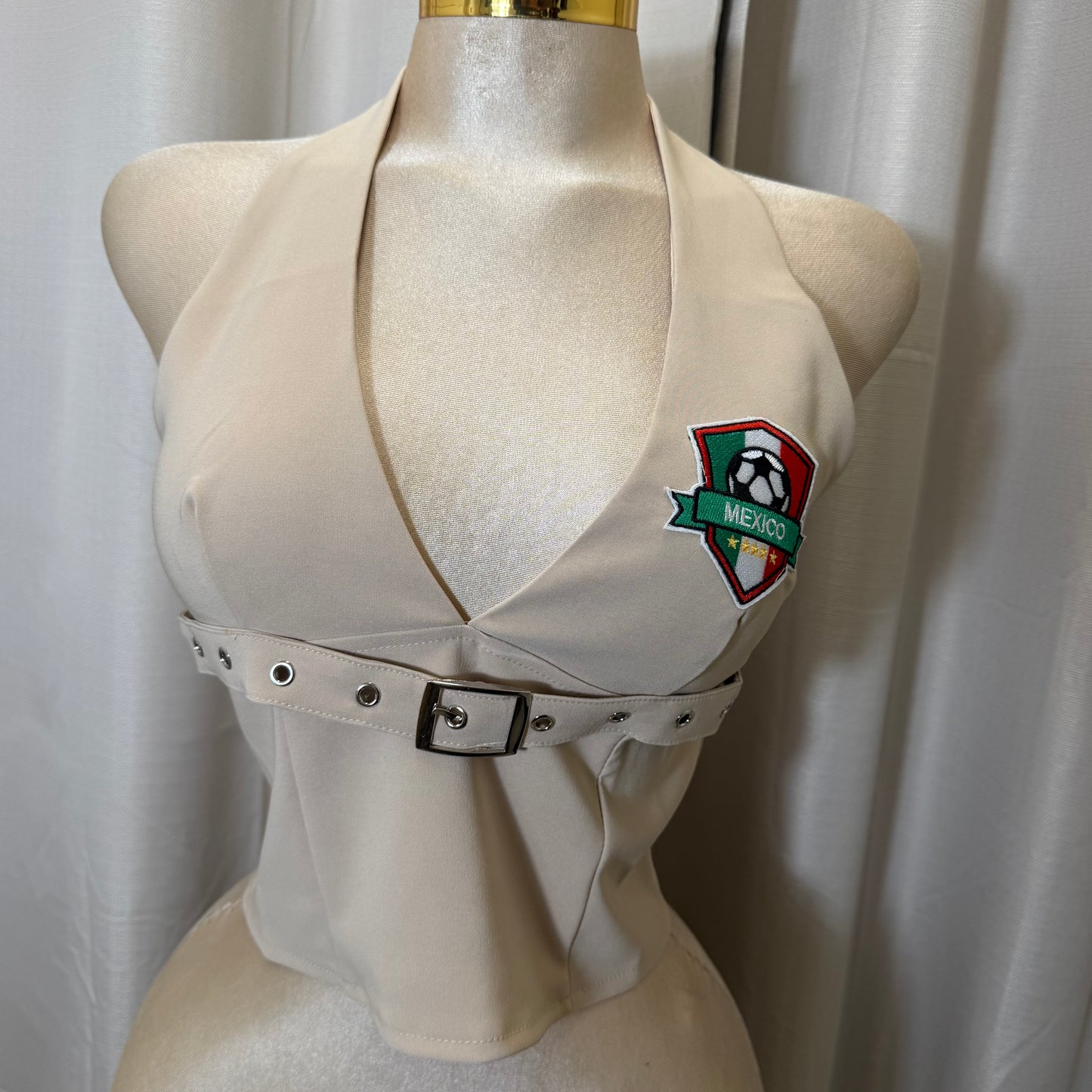 Mexico Stretched Halter Top With Belt-Taupe