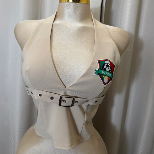 Mexico Stretched Halter Top With Belt-Taupe