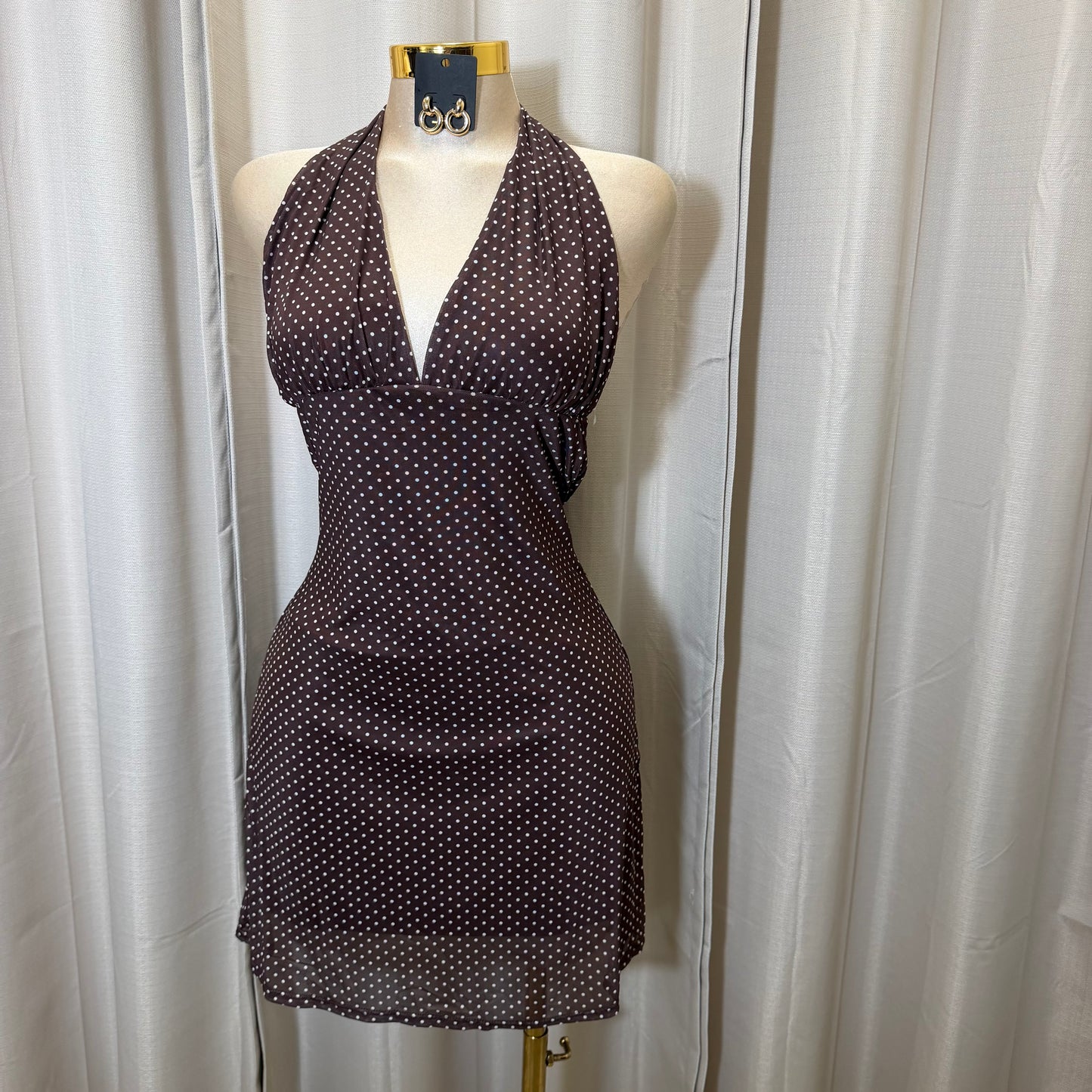 Polka Dot Mesh Halter Mini  Dress-Brown