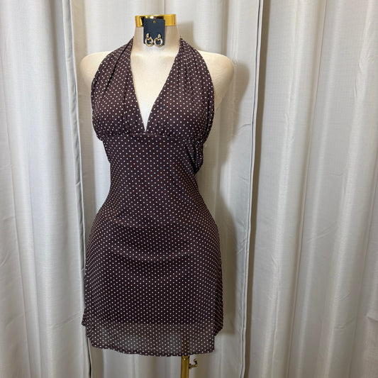 Polka Dot Mesh Halter Mini  Dress-Brown