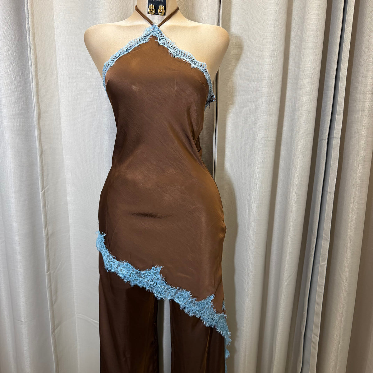 Contrast Lace Trim Satin Halter Jumpsuit-Brown/Blue