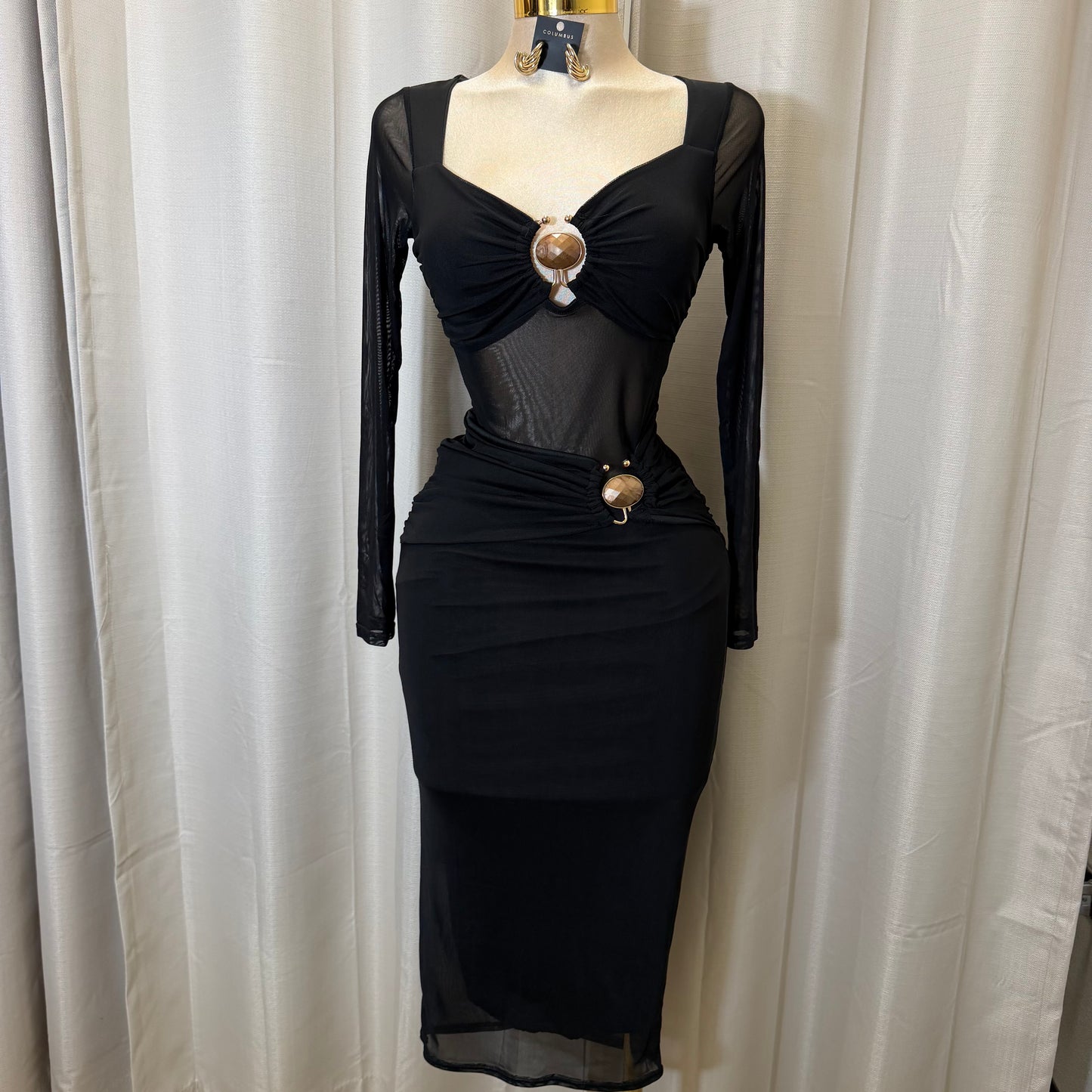Front Trim mesh Midi dress-Black