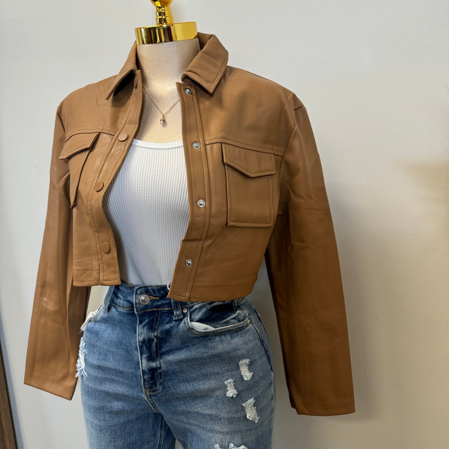 Lulú PU Leather Cropped Jacket -Brown