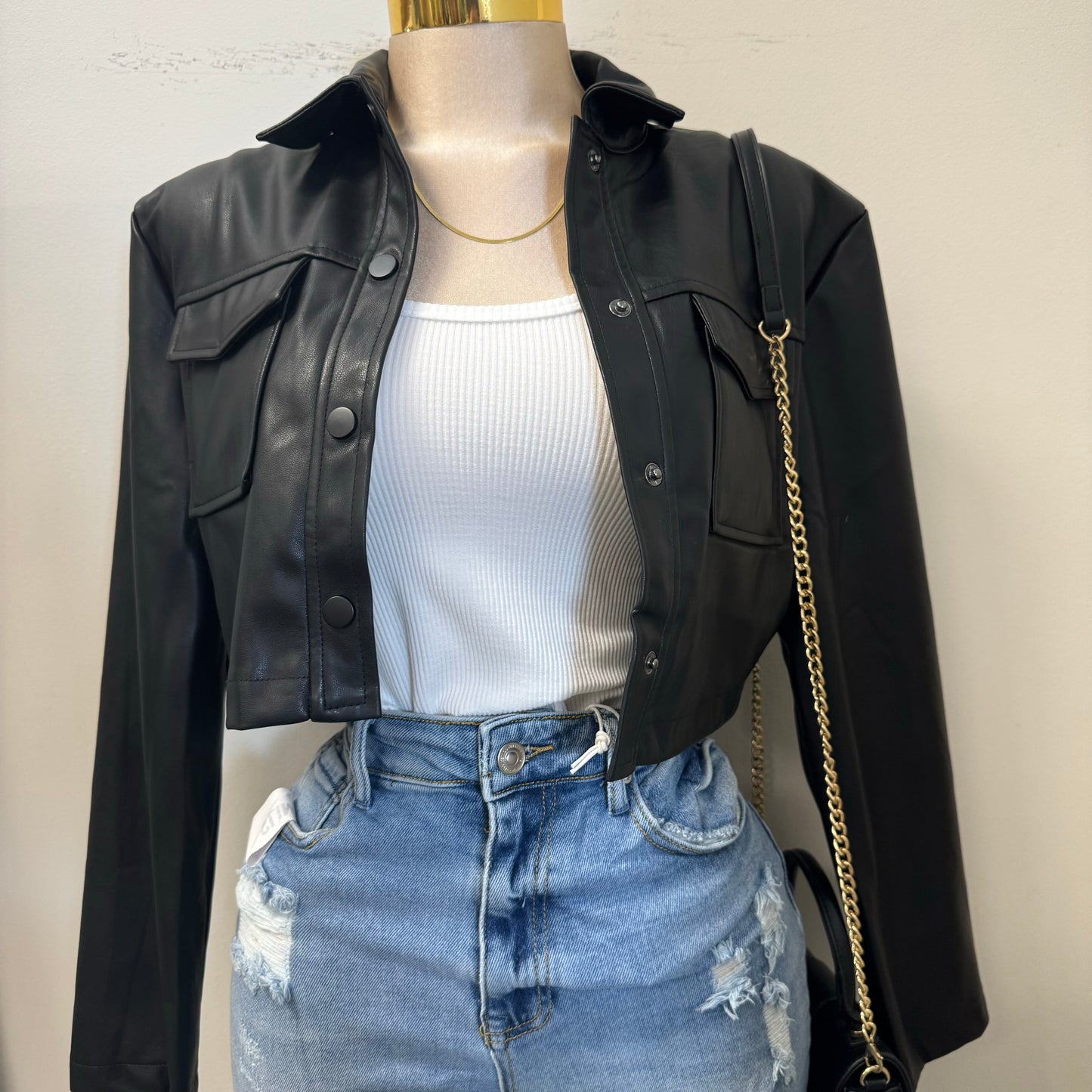 Lulu PU Leather Cropped Jacket-Black