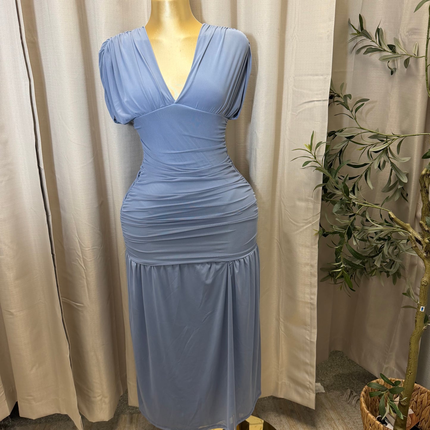 V Neck Mesh Maxi Dress-baby blue