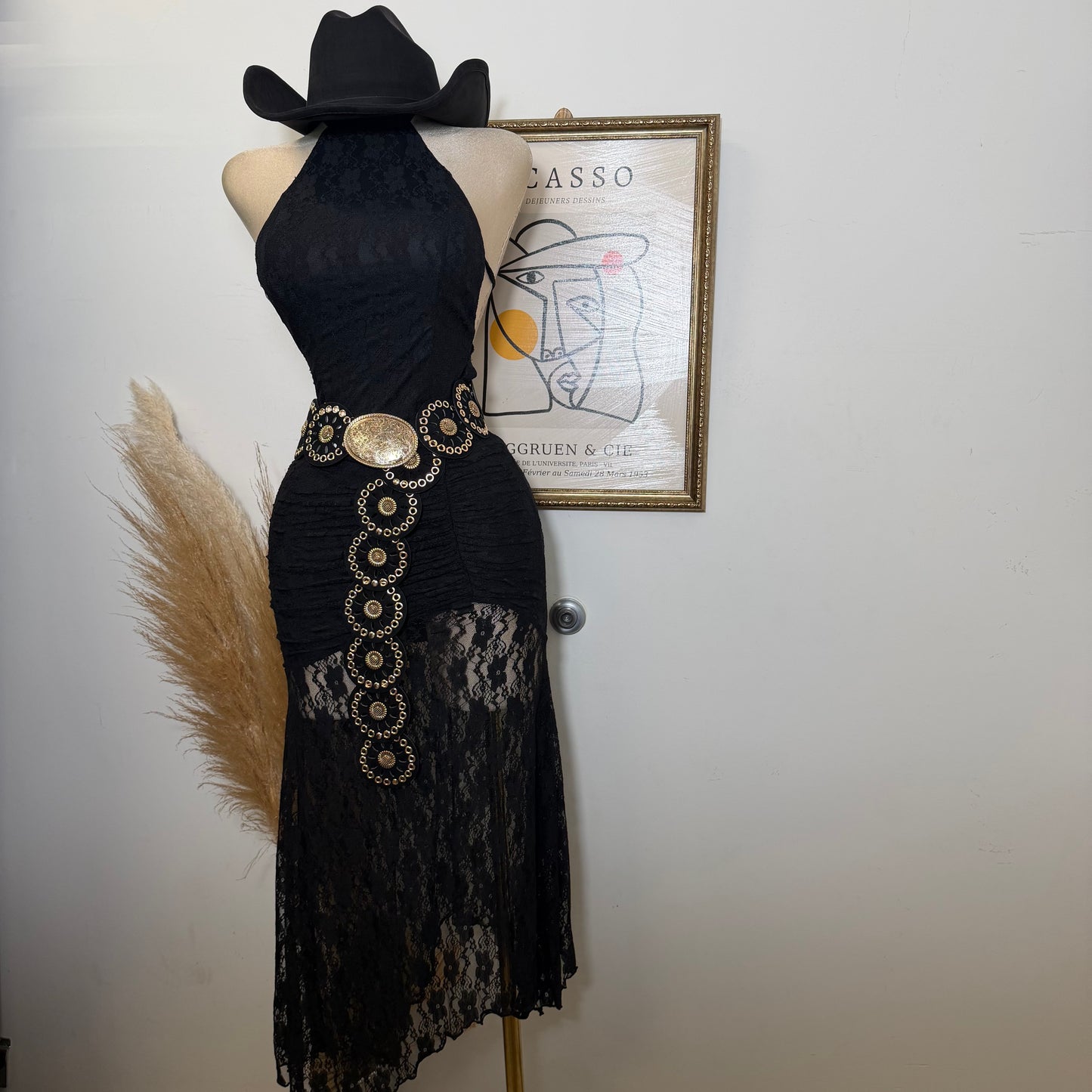 Lace Ruched Halter Maxi Dress-Black