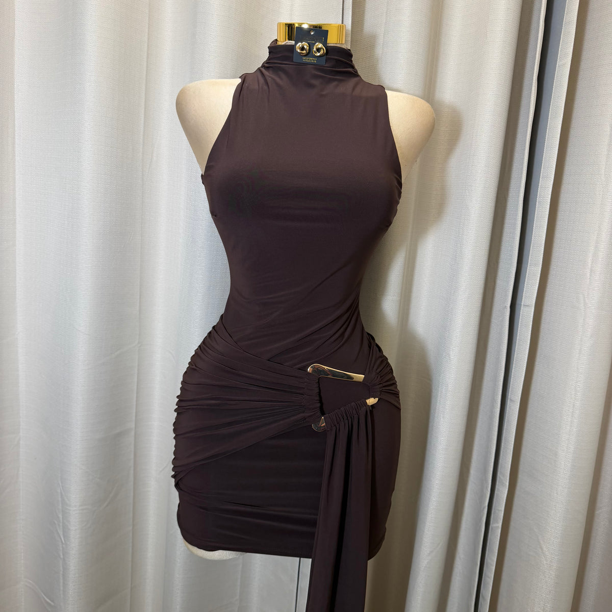 Mock Neck Front Sash With Trim Detail Mini Dress-Brown