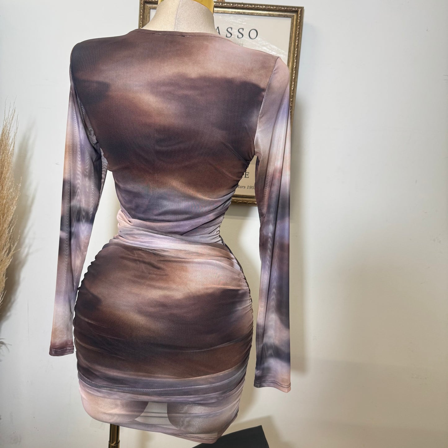 Multi Colored Mesh Long Sleeve Mini Dress-Brown Combo