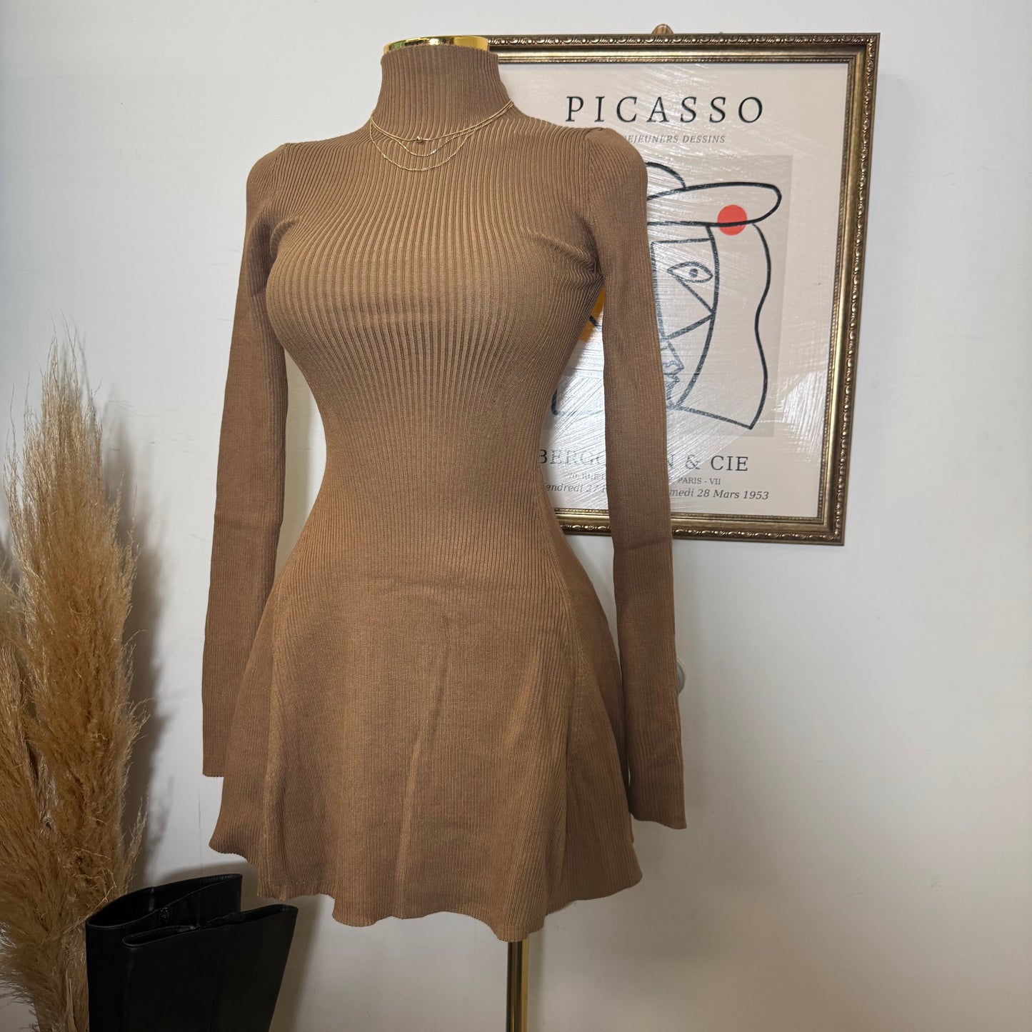 Long Sleeve Sweater Dress-Mocha