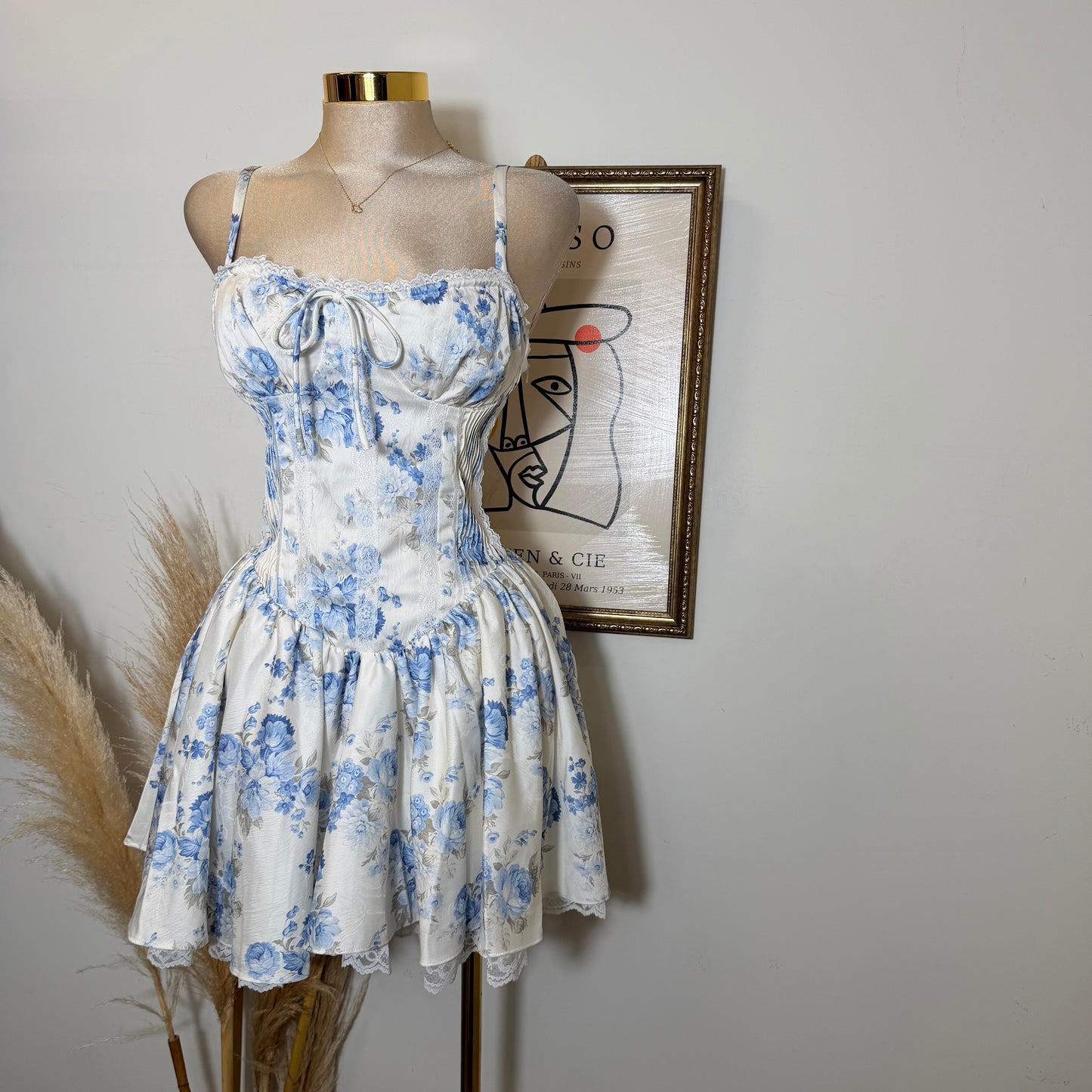 Corset Back Jacquard Mini Dress-Peach/Blue