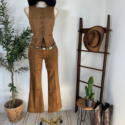 Suede Flare Pants-Tan