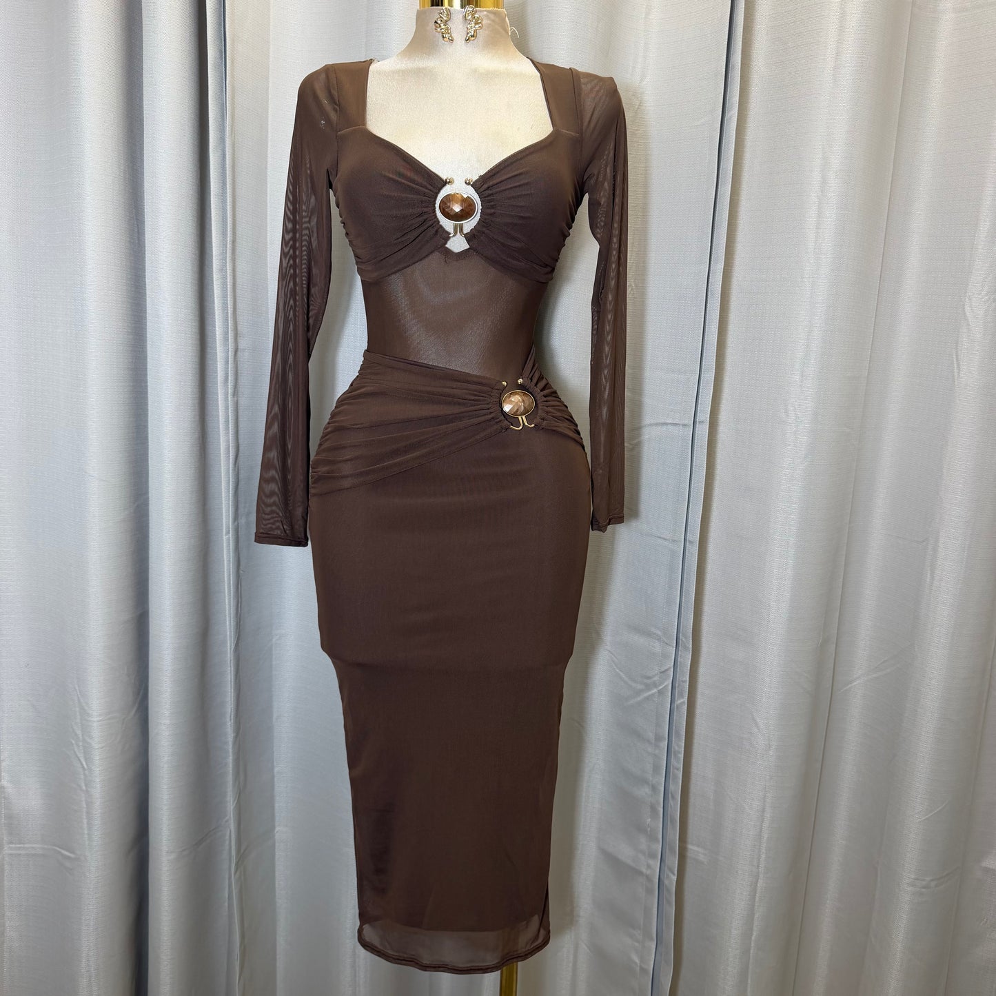 Front Trim mesh Midi dress-Brown