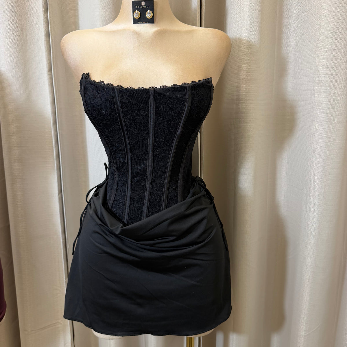 Strapless Lace Corset Cowl Front Mini Dress-Black