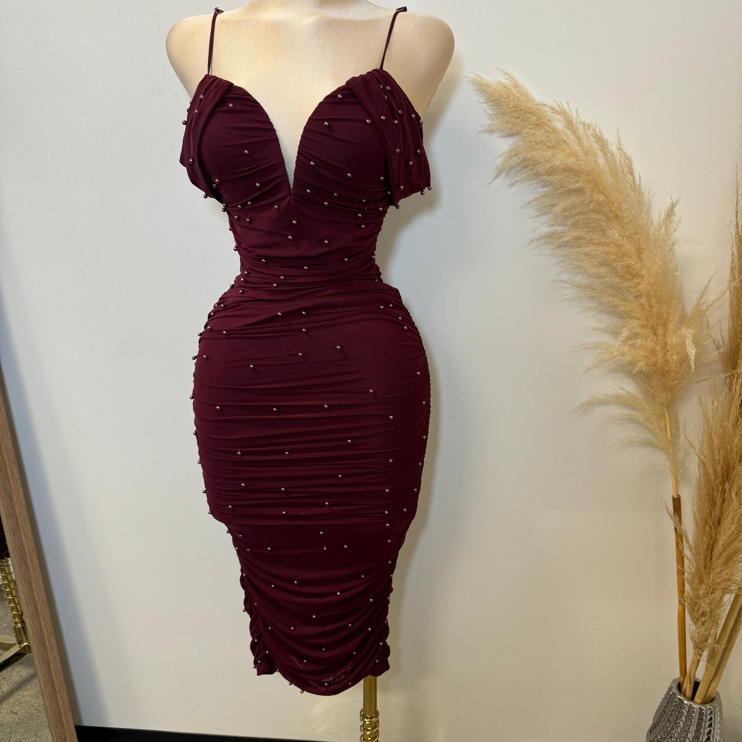 Aria Pearl Midi Dress- Burgundy