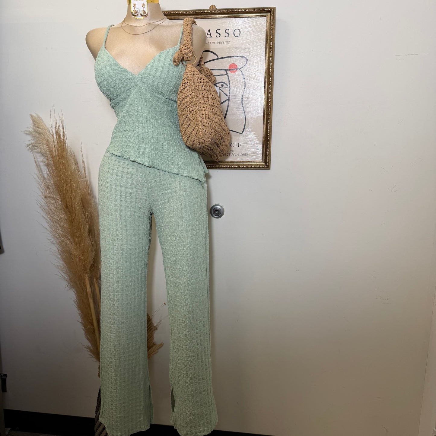 Merrow Asymmetric Hem Top and Pant Set-Sage