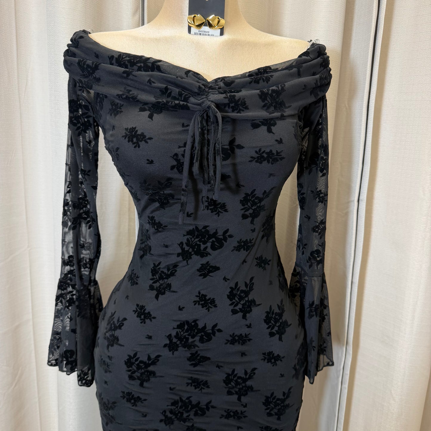 Flocked Long Sleeve Mesh off shoulder maxi Dress-Black/Black