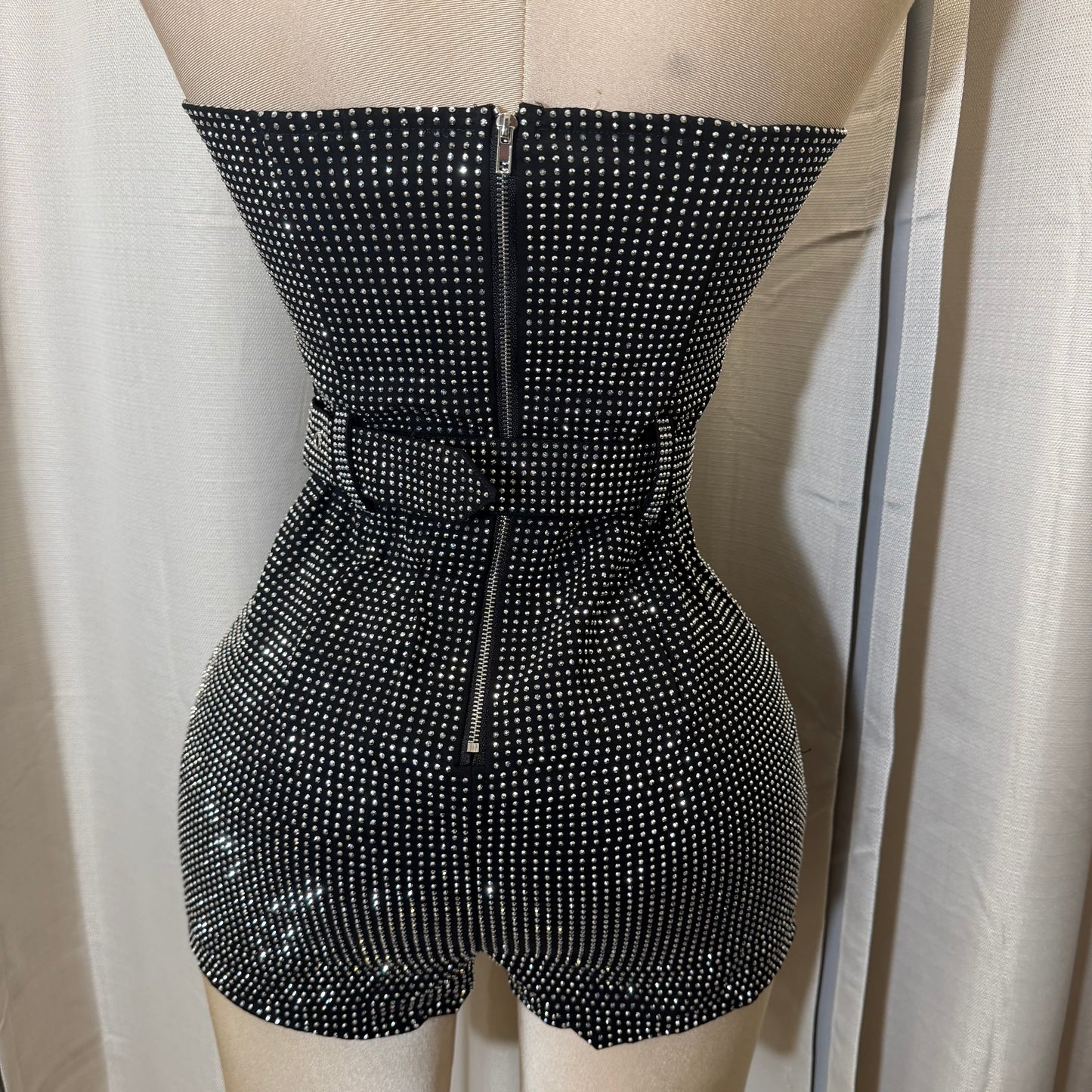 Strapless Rhinestone Romper with Belt-Black