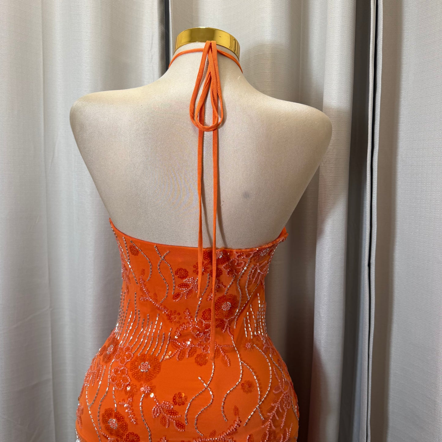 Halter Sequin Floral beaded Dress-Orange