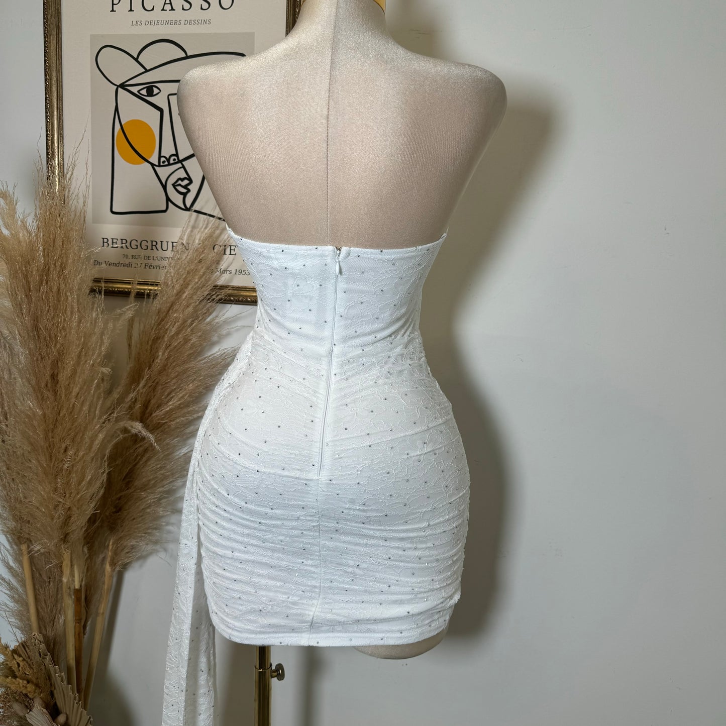 STUDD HOTFIX REGISTERED LACE STRAPLESS MINI BODYCON DRESS-White