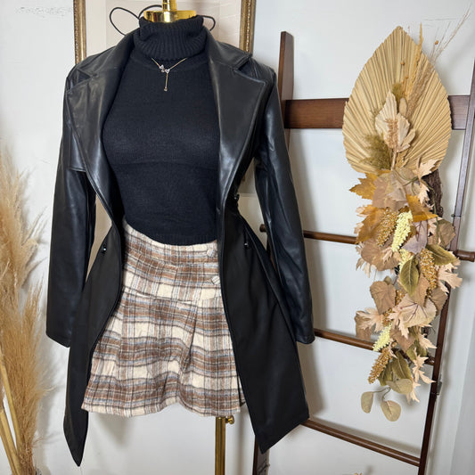Pleats Detail Plaid Skirt-Taupe/Chocolate