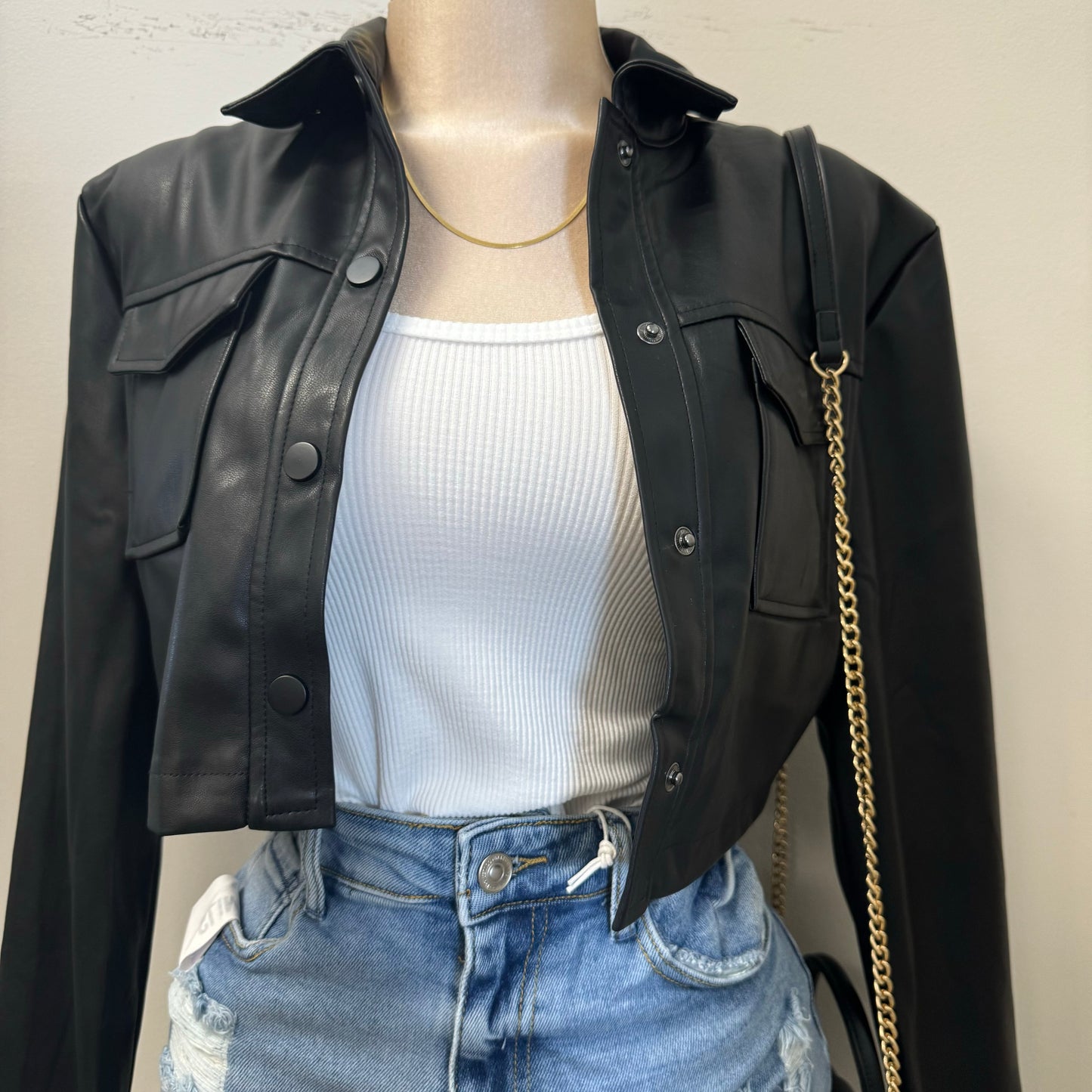 Lulu PU Leather Cropped Jacket-Black