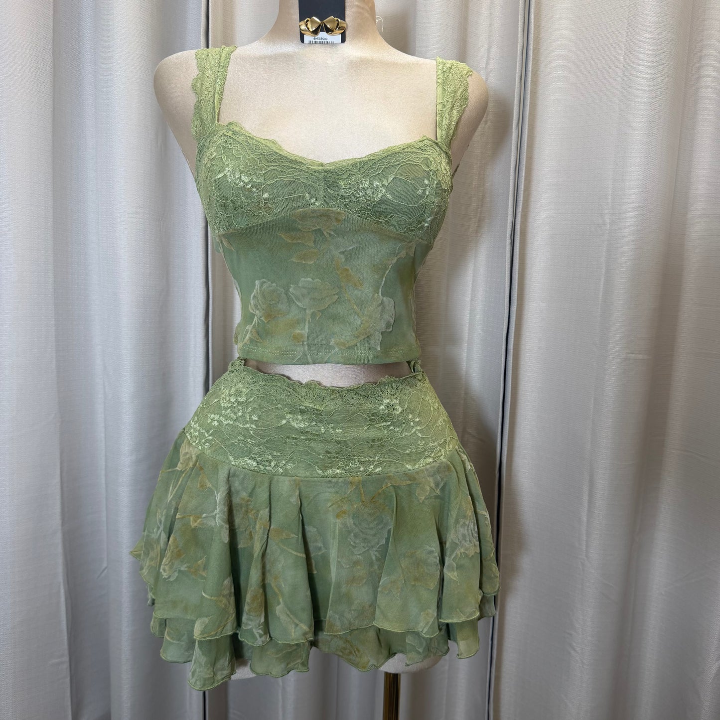 Lace Flower Skirt set-Green moss