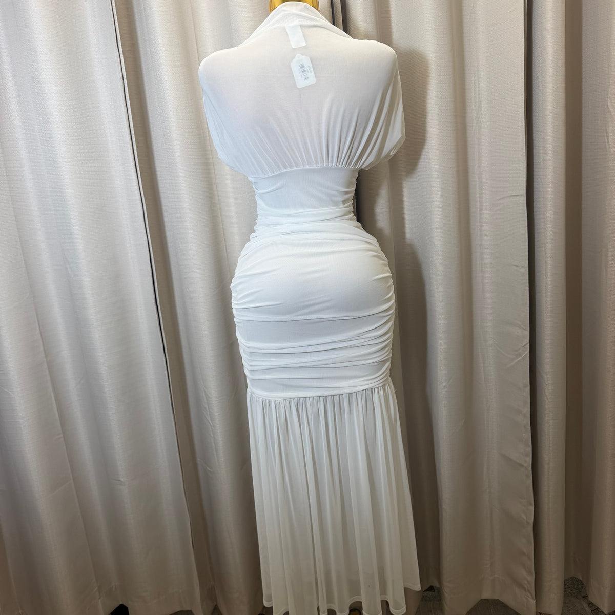 Mesh & Knit Mix Long Dress-White